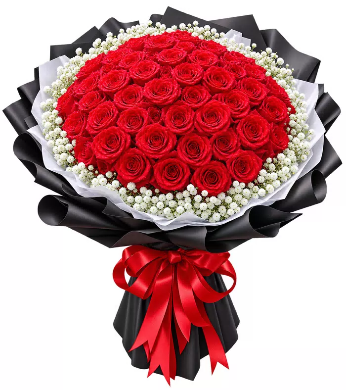 Thoáng Hương – bó hoa hồng đỏ tròn giấy đen