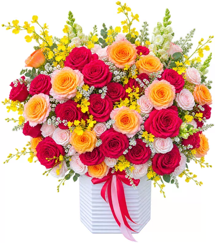 Nắng Dịu – hộp hoa hồng đỏ cam