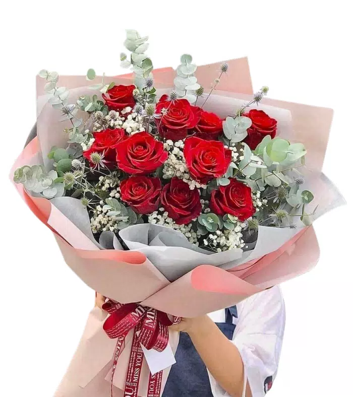 Thương Mến – bó hoa hồng đỏ giấy hồng kem