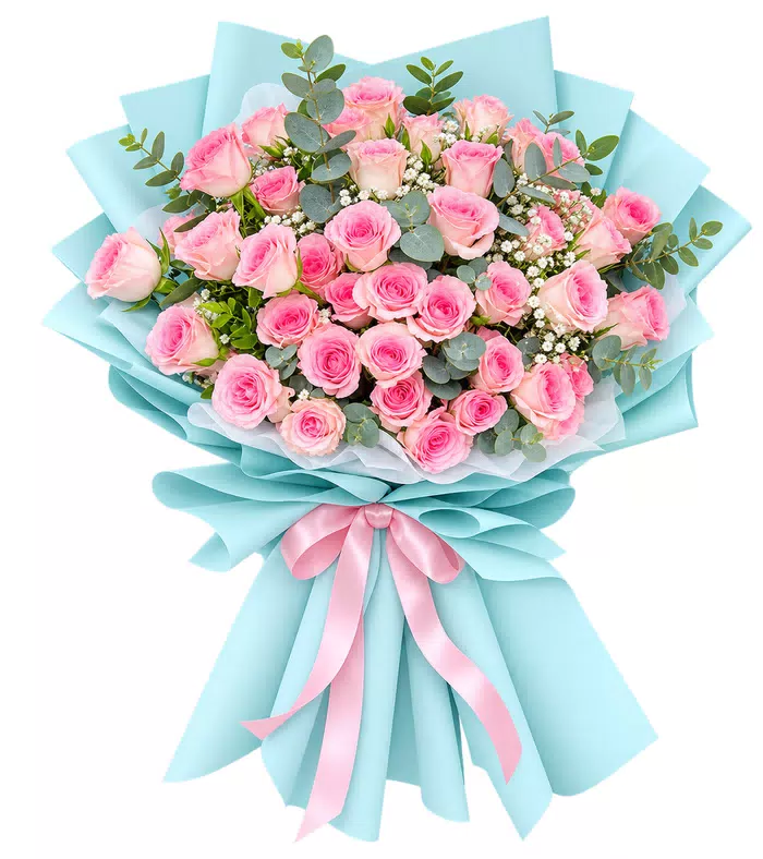 Một Lời Thương – bó hoa hồng phấn gói xanh