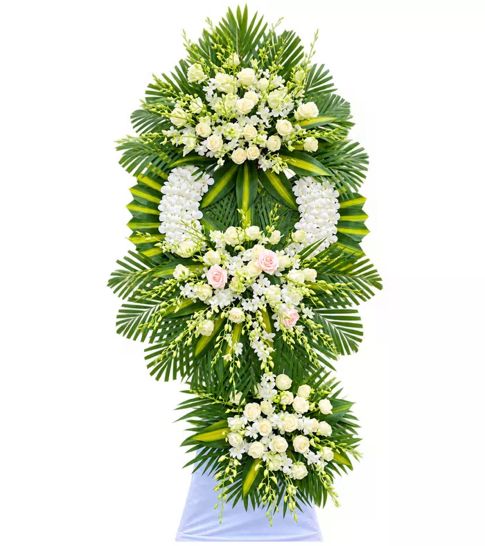 Kính Nhớ – kệ hoa phân ưu trắng xanh · 1216