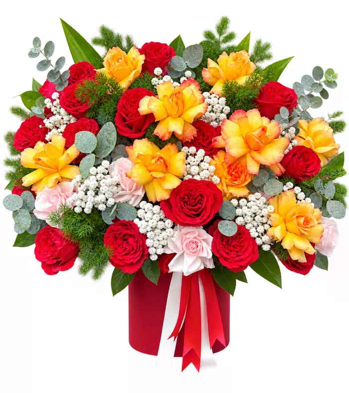 Dịu Dàng Thôi – giỏ hoa hồng đỏ cùng hoa vàng
