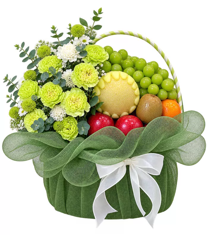 Lời Chúc Nhỏ – giỏ quà trái cây hoa trắng xanh