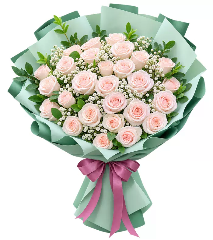 Thoáng Hương – bó hoa hồng phấn gói xanh