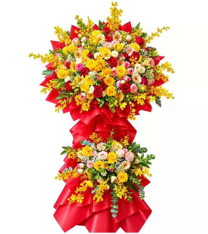 Khai Hỷ – kệ hoa chúc mừng đỏ vàng hai tầng