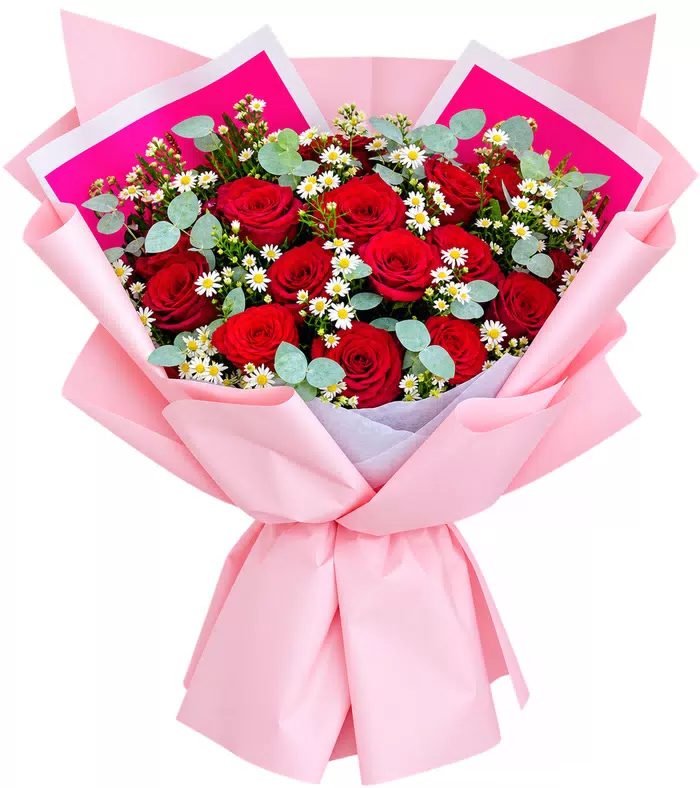 Sớm Bình Yên – bó hoa hồng đỏ cùng cúc nhỏ