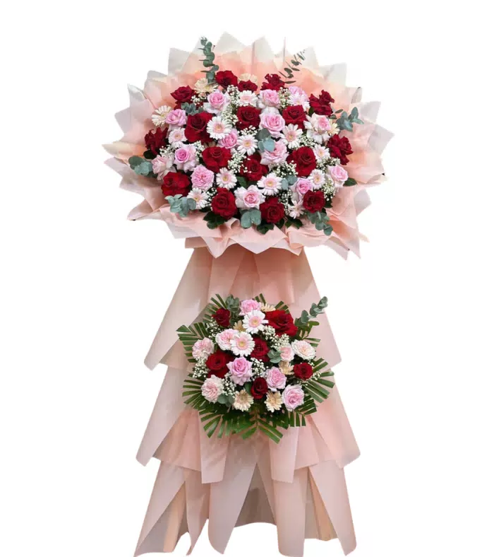 Chúc Thành Công – kệ hoa mừng khai trương hồng phấn cùng trắng