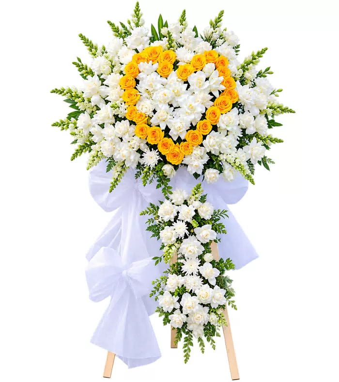 Nhớ Thương – kệ hoa phân ưu trái tim vàng trắng