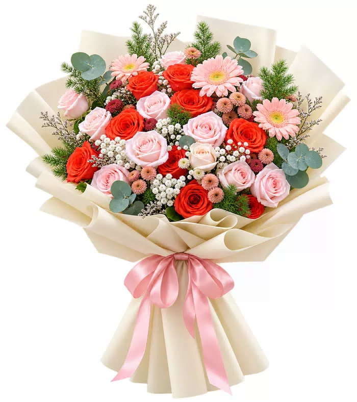 Sớm Bình Yên – bó hoa hồng cùng đồng tiền hồng