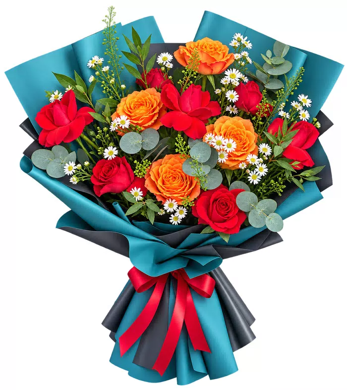 Gần Nhau – bó hoa hồng cam đỏ gói xanh