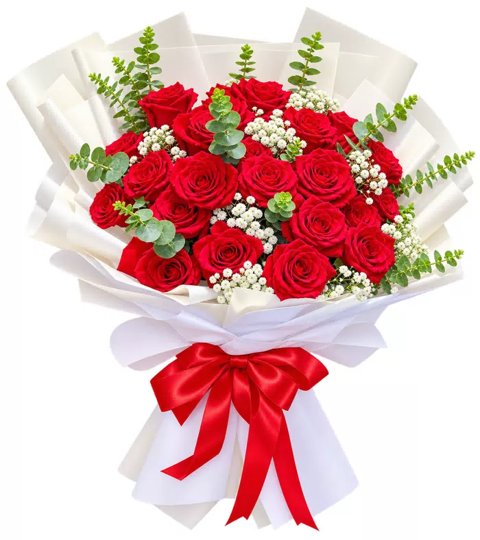 Nắng Mai – bó hoa hồng đỏ cùng lá xanh