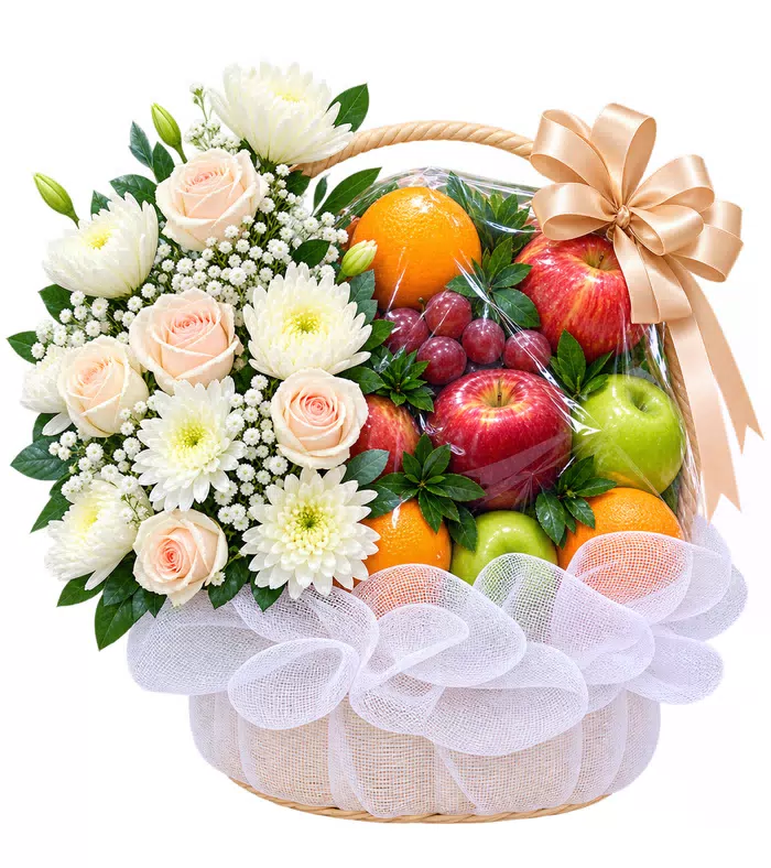 Chung Niềm Vui – giỏ quà trái cây hoa trắng
