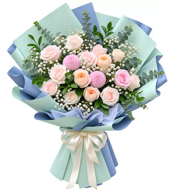 Sớm Bình Yên – bó hoa hồng phấn giấy xanh