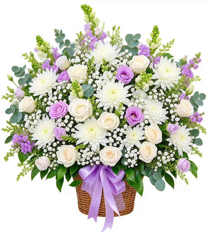 Mãi Nhớ – giỏ hoa phân ưu trắng tím