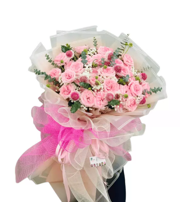 Một Lời Thương – bó hoa hồng phấn giấy lưới