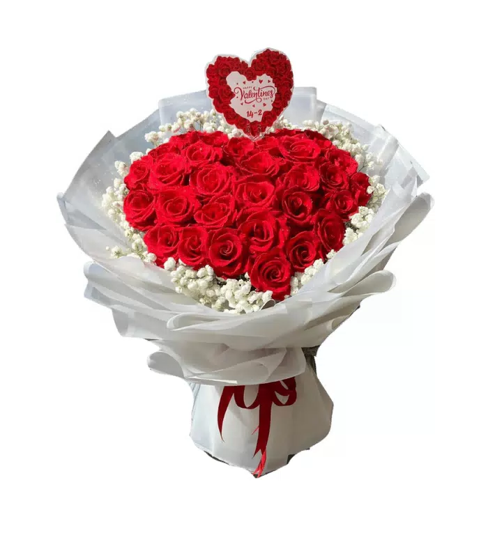 Nắng Mai – bó hoa hồng đỏ tròn gói trắng