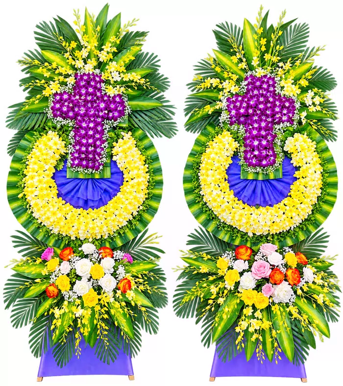Mãi Nhớ – kệ hoa phân ưu chữ thập tím vàng
