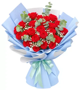 Hẹn Thương – bó hoa hồng đỏ giấy xanh