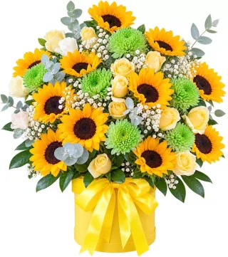 Nắng Ghé Qua – giỏ hoa hướng dương cúc xanh