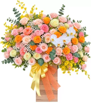 Nắng Bên Thềm – giỏ hoa hồng cam hồng phấn