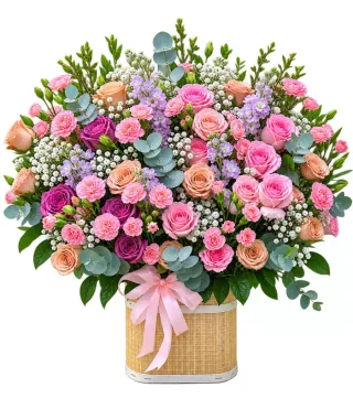 Chút Tình Thân – giỏ hoa hồng phấn cùng hoa nhỏ