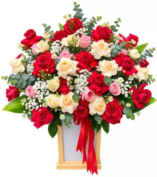 Chạm Yêu Thương – hộp hoa hồng đỏ kem