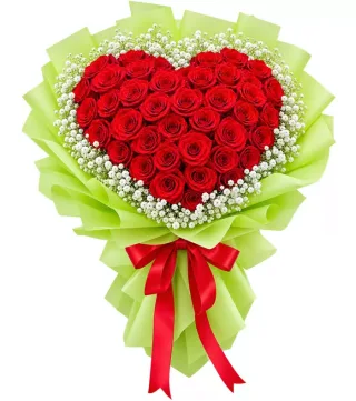 Thương Mến – bó hoa hồng trái tim gói xanh