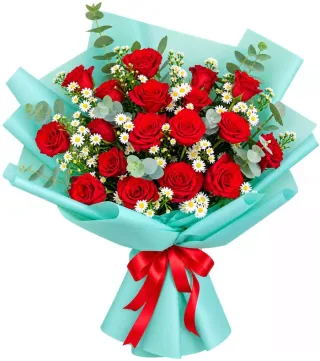 Thoáng Hương – bó hoa hồng đỏ gói xanh