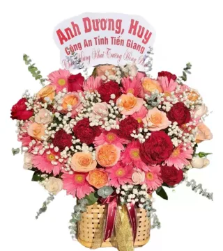 Chút An Vui – hoa giỏ đồng tiền hồng cùng hồng cam kem