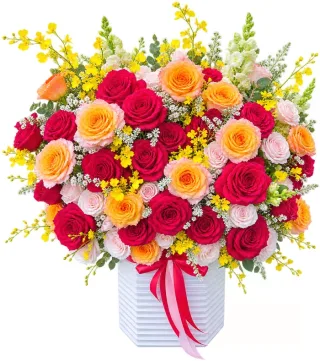 Nắng Dịu – hộp hoa hồng đỏ cam