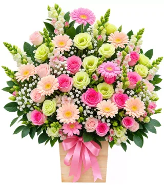 Hương Ngày Mới – giỏ hoa hồng phấn đồng tiền