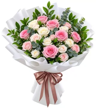 Nhịp Yêu – bó hoa hồng pastel cùng lá xanh