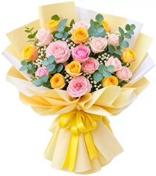 Thoáng Hương – bó hoa hồng phấn vàng gói vàng