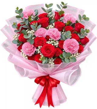 Thoáng Hương – bó hoa hồng đỏ cùng cẩm chướng