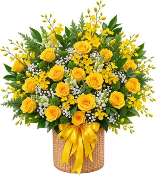 Lời Nhắn Nhỏ – giỏ hoa hồng vàng cùng lan