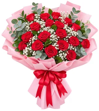 Một Lời Thương – bó hoa hồng đỏ gói hồng
