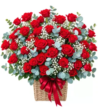 Gửi Bình Yên – giỏ hoa hồng đỏ dáng tròn