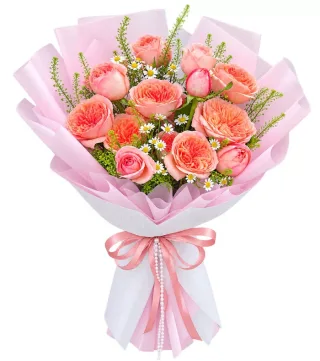 Dành Riêng – bó hoa hồng cam phấn giấy hồng