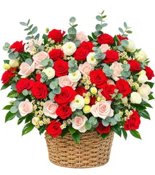 Dịu Dàng Thôi – giỏ hoa hồng đỏ hồng phấn