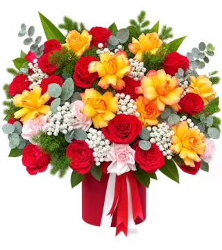 Dịu Dàng Thôi – giỏ hoa hồng đỏ cùng hoa vàng