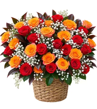 Vui Bên Nhau – giỏ hoa hồng đỏ cam