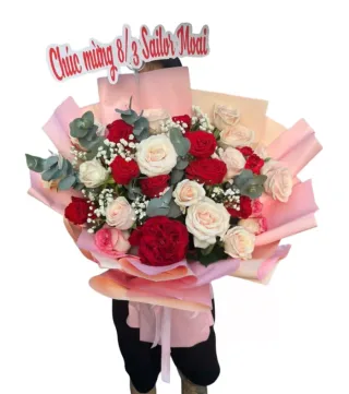 Ngày Dịu Êm – bó hoa hồng đỏ cùng hồng kem