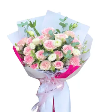 Dành Riêng – hoa bó cẩm chướng hồng cùng cát tường trắng