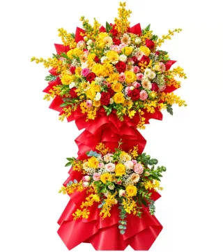 Khai Hỷ – kệ hoa chúc mừng đỏ vàng hai tầng
