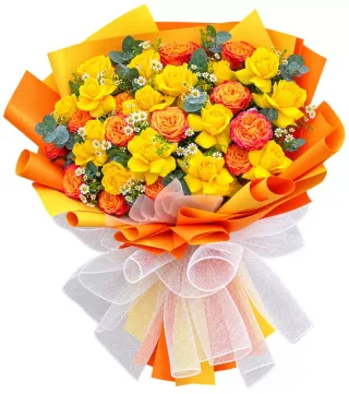 Sớm Bình Yên – bó hoa hồng vàng cam giấy cam