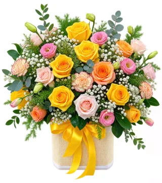 Gặp Gỡ – giỏ hoa hồng vàng hồng phấn