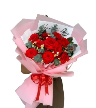 Tâm Tình – bó hoa hồng đỏ gói hồng