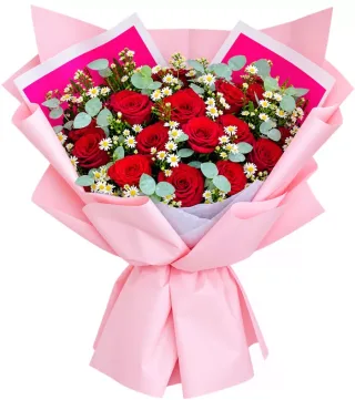 Sớm Bình Yên – bó hoa hồng đỏ cùng cúc nhỏ