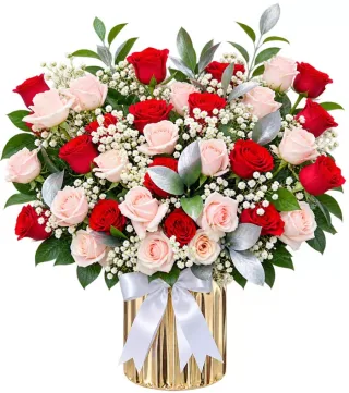 Góc Dịu Dàng – giỏ hoa hồng đỏ phấn cùng baby