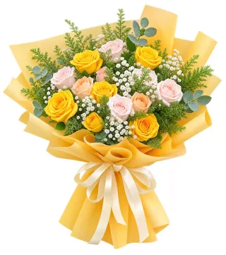 Ngày Dịu Êm – bó hoa hồng vàng phấn gói vàng